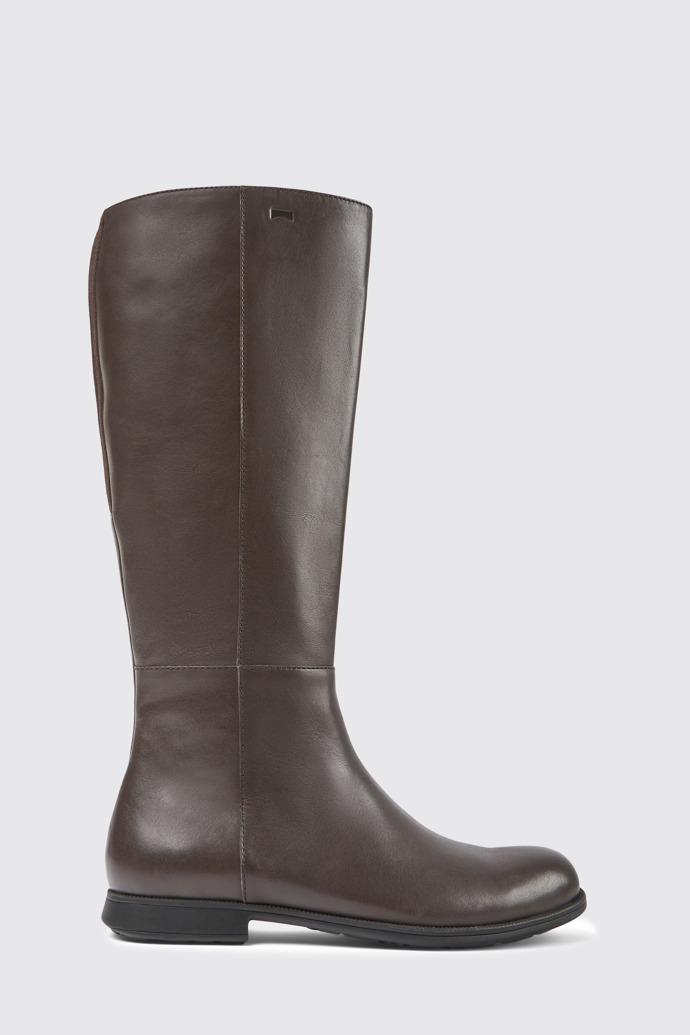 Side view of Mil Brown leather and textile black boots for women