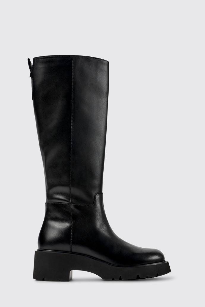 Side view of Milah Black leather high-boots for women