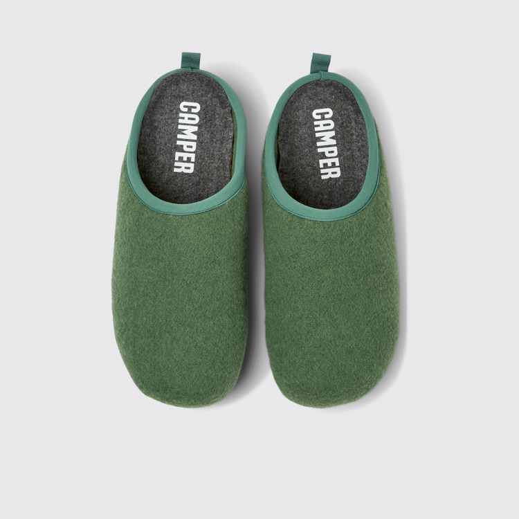 Overhead view of Wabi Green wool slippers for men