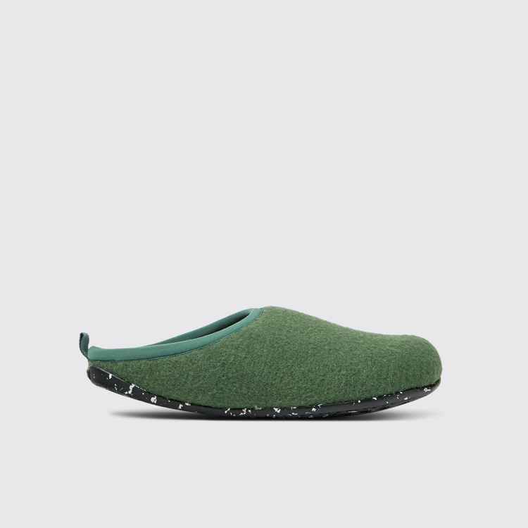 Side view of Wabi Green wool slippers for men