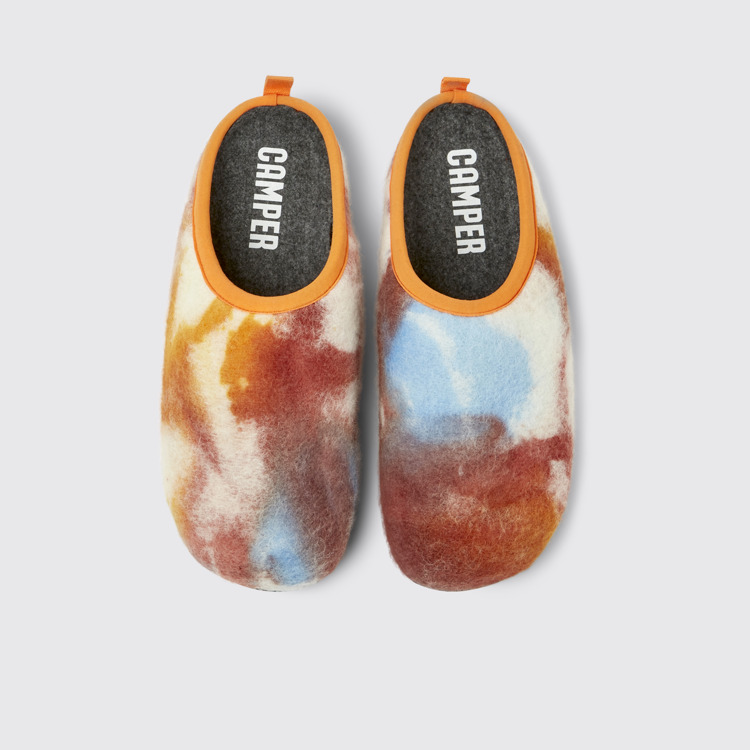 Overhead view of Wabi Orange and blue recycled wool slippers for men