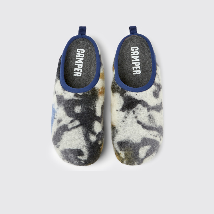 Overhead view of Wabi Blue and black recycled wool slippers for men