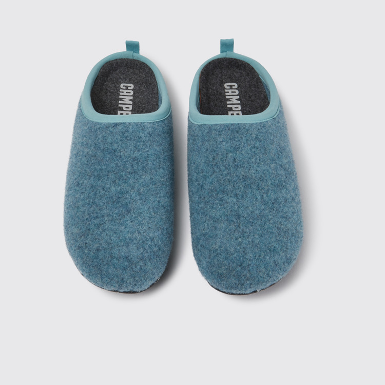 Overhead view of Wabi Light blue wool women’s slippers