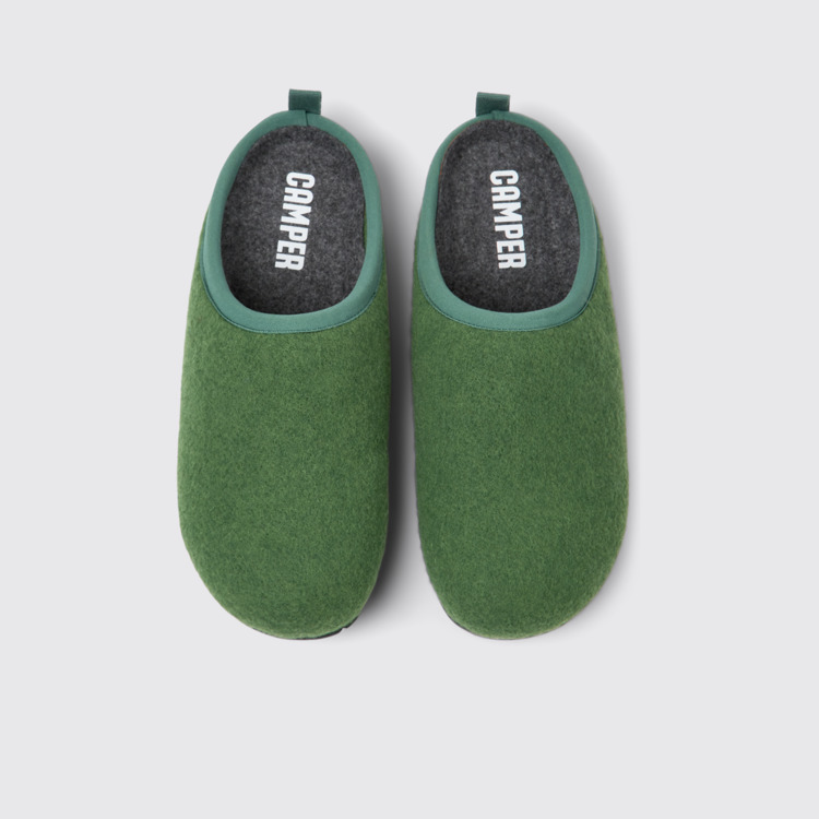 Overhead view of Wabi Green wool slippers for women