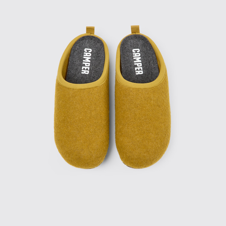 Overhead view of Wabi Yellow-brown wool slippers for women