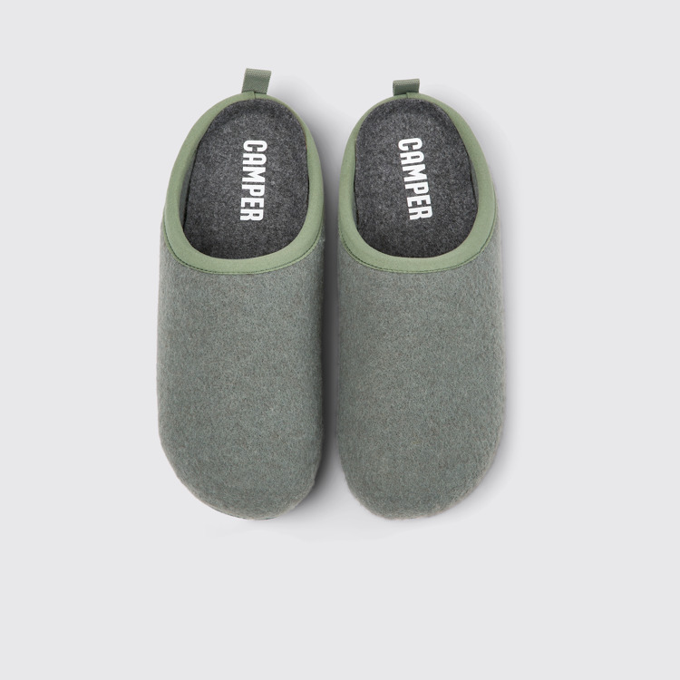 Overhead view of Wabi Green wool slippers for women