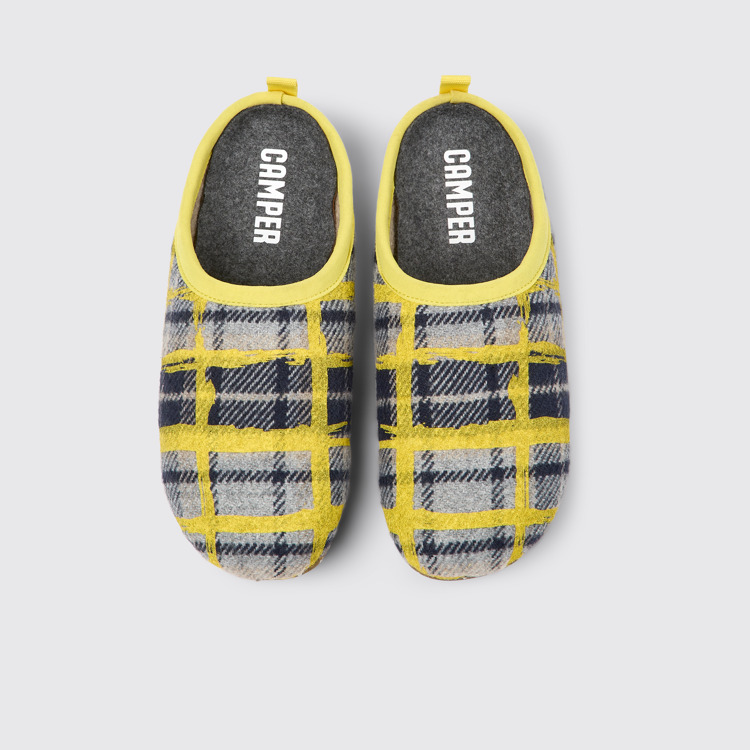 Overhead view of Wabi Yellow multicolored recycled wool slippers for women