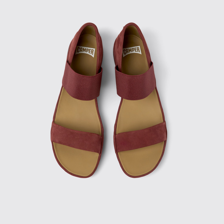 Overhead view of Right Burgundy nubuck sandals for women