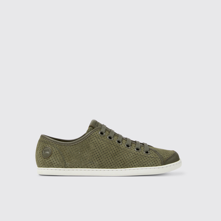 Side view of Uno Green nubuck and leather sneakers for women