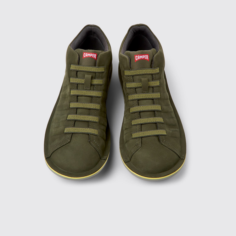 Overhead view of Beetle Green nubuck sneakers