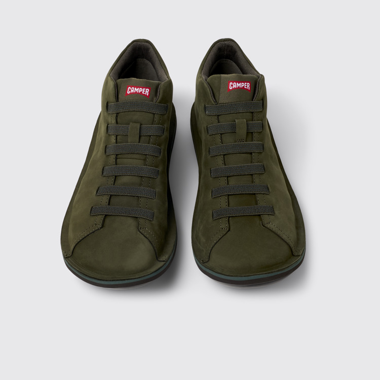 Overhead view of Beetle Green nubuck sneakers