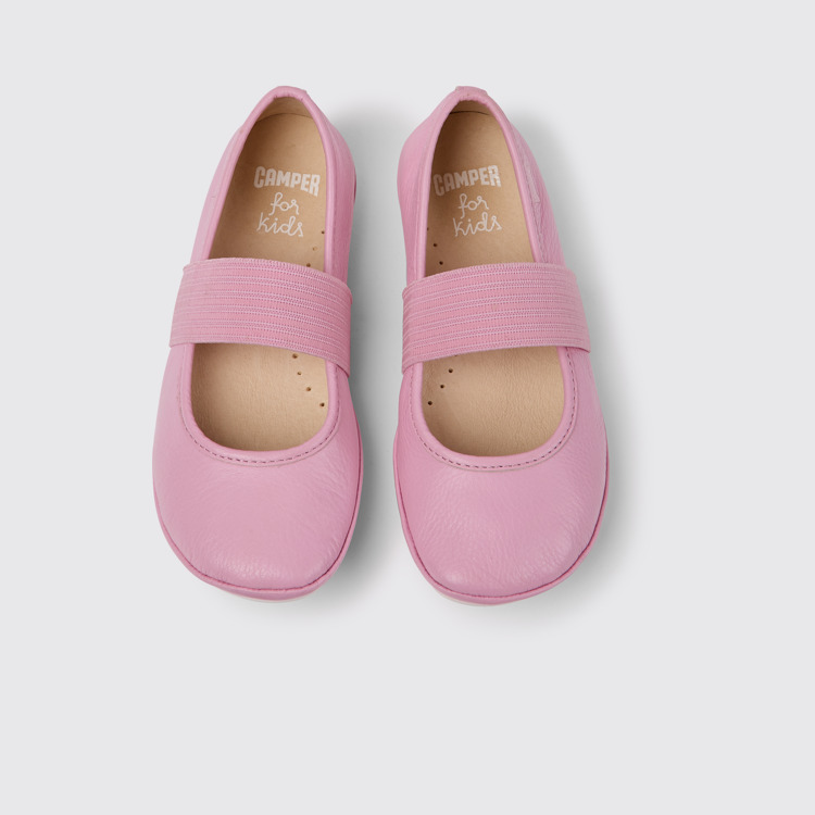 Overhead view of Right Pink leather ballerinas for girls