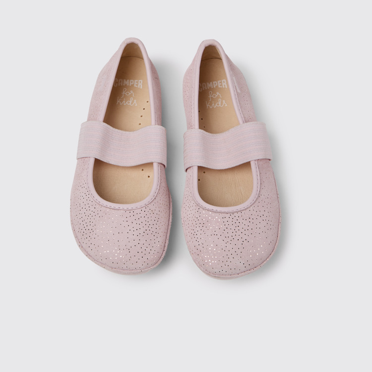 Overhead view of Right Pink nubuck ballerinas with glitter effect for girls