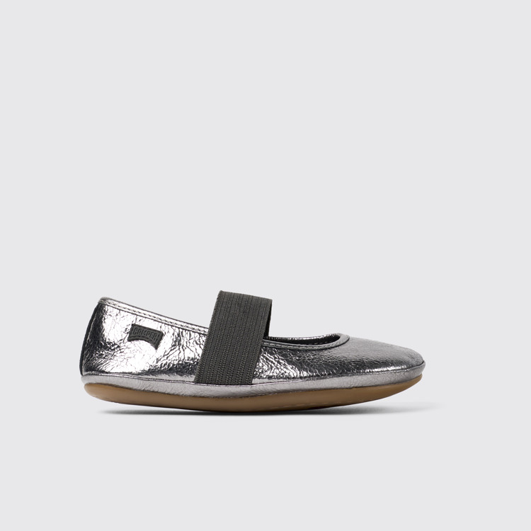 Side view of Right Metallic grey leather ballerinas for kids