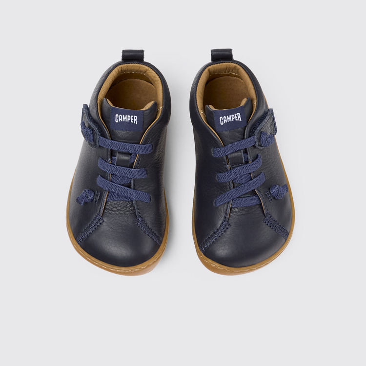 Overhead view of Peu Navy blue leather shoes for kids