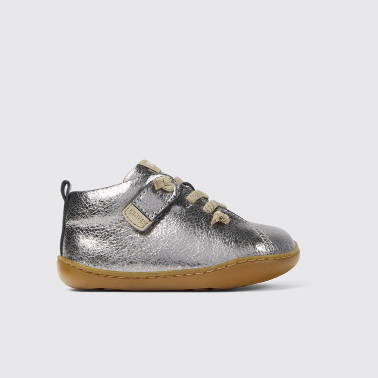 Side view of Peu Metallic gray leather shoes for kids