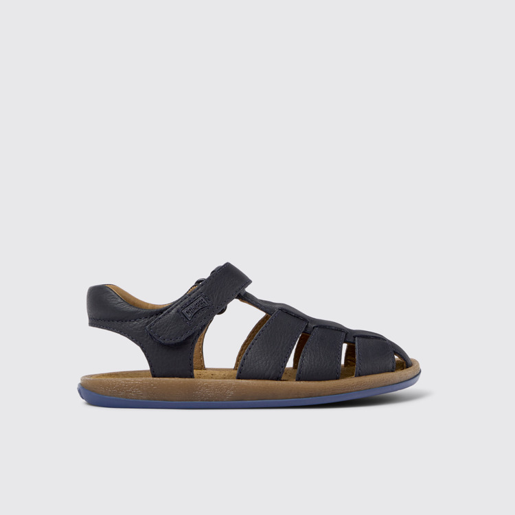 Side view of Bicho Dark blue leather sandals for kids