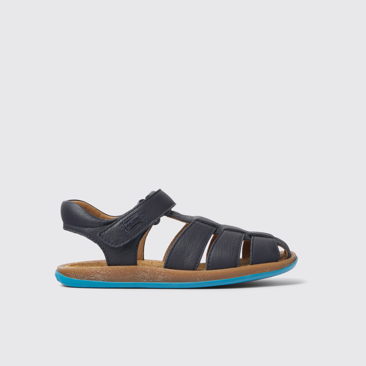 Side view of Bicho Blue leather sandals for kids