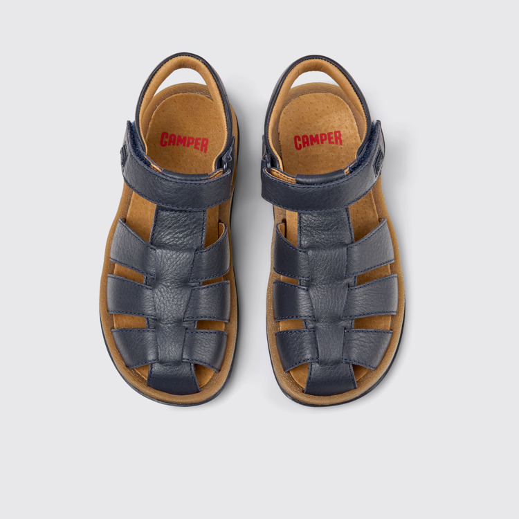 Overhead view of Bicho Blue Leather Kids' Closed Sandal.