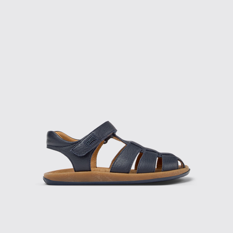 Side view of Bicho Blue Leather Kids' Closed Sandal.