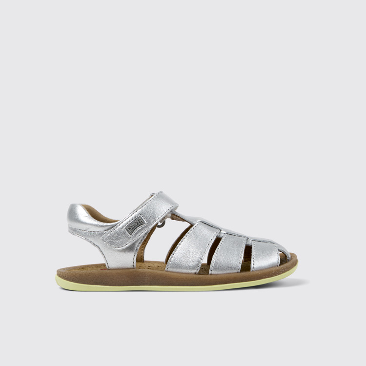 Side view of Bicho Silver Leather Closed Sandals for Kids.