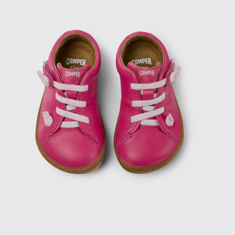 Overhead view of Peu Pink leather shoes for kids