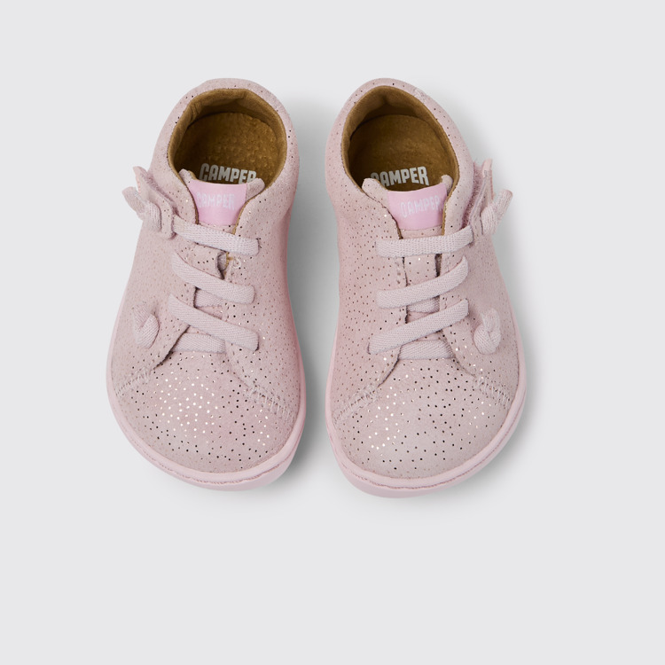 Overhead view of Peu Pink nubuck shoes with glitter effect for girls