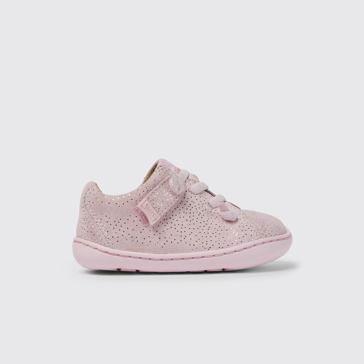 Side view of Peu Pink nubuck shoes with glitter effect for girls