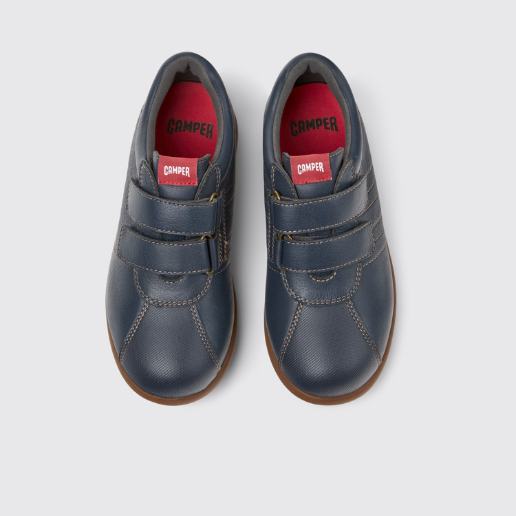 Overhead view of Pelotas Navy blue leather and textile shoes for kids