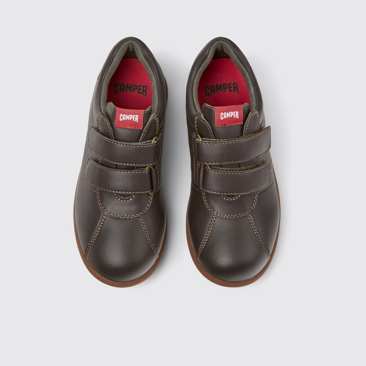 Overhead view of Pelotas Dark brown leather and textile shoes for kids