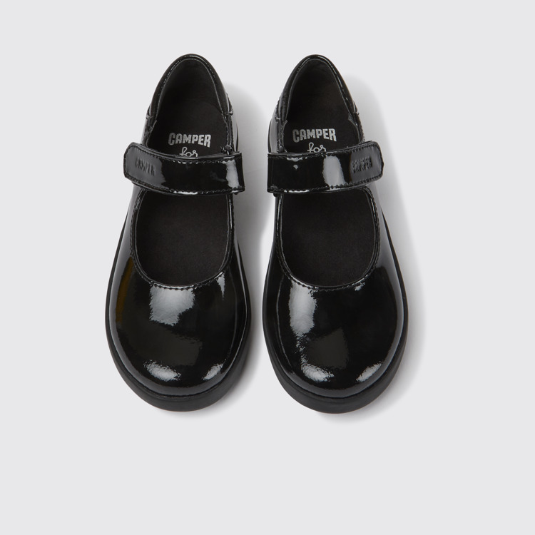 Overhead view of Spiral Comet Black patent leather shoes