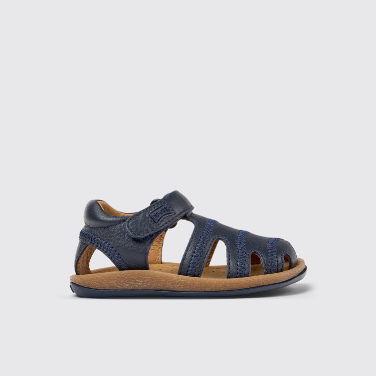 Side view of Bicho Blue Leather Closed Sandals for Kids.