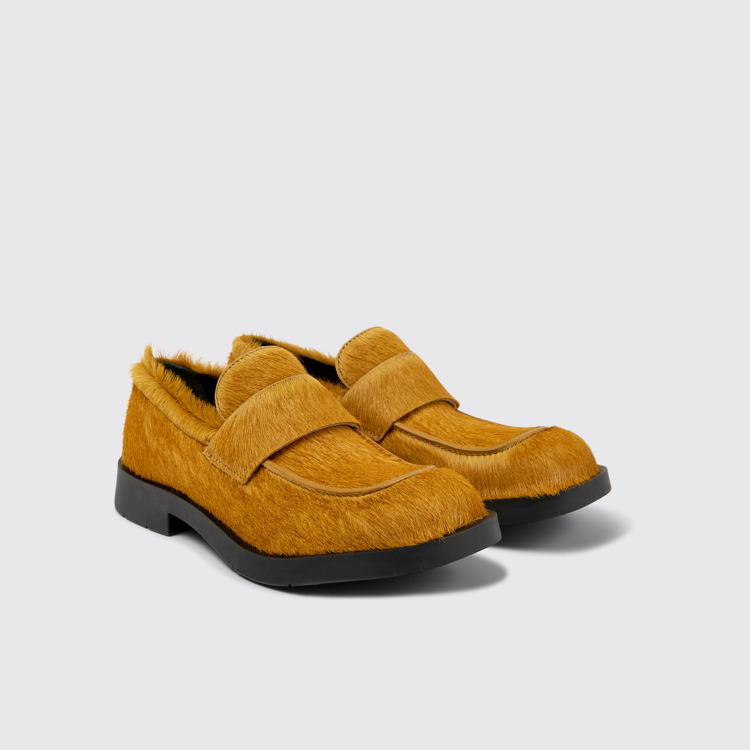 Front view of MIL 1978 Dark yellow long calf hair leather loafers