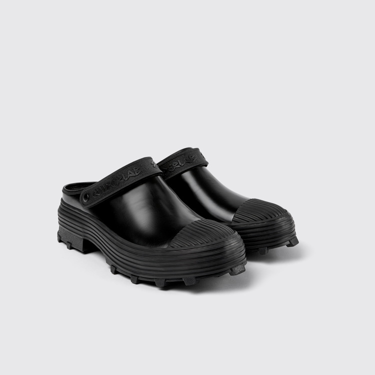 Front view of Traktori Black Leather Clogs