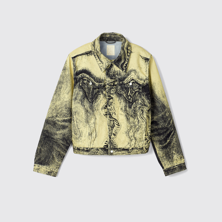 Denim Jacket  Yellow-Black Distorted Print Denim Jacket modelin yandan görünümü