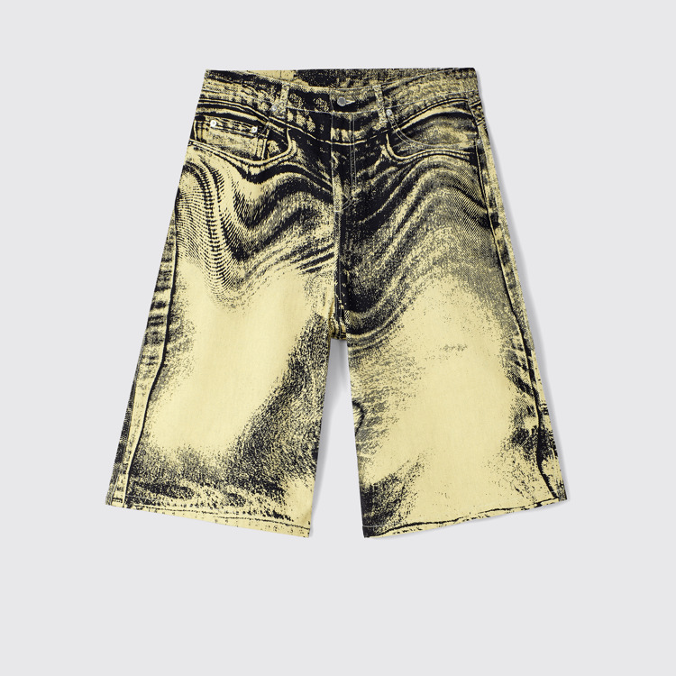 Side view of Denim Shorts Yellow-Black Distorted Print Denim Shorts