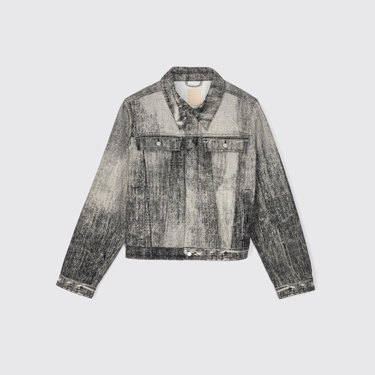 Side view of Denim Faded Black Paint Print Denim Jacket