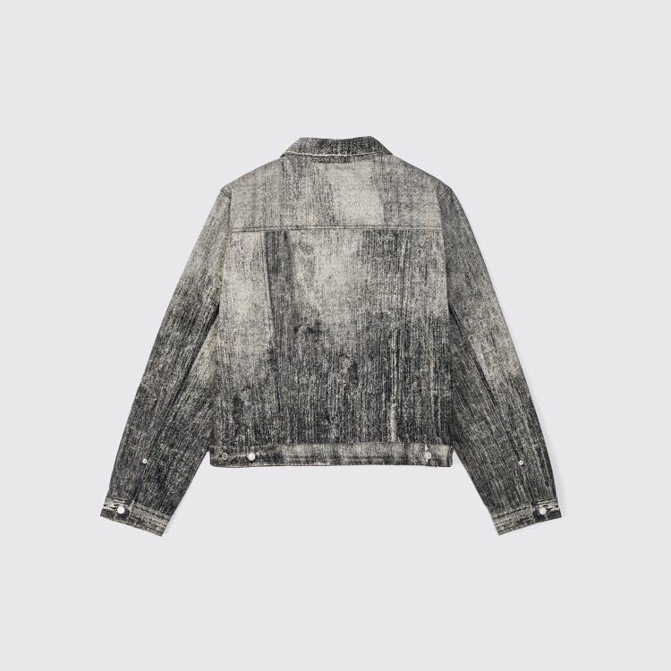 Back view of Denim Faded Black Paint Print Denim Jacket