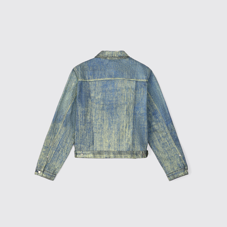 Back view of Denim Sand Blue Paint Print Denim Jacket