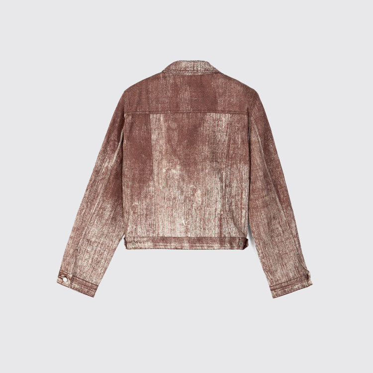 Back view of Denim Terracotta Paint Print Denim Jacket