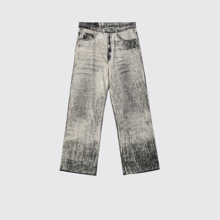 Side view of Denim Faded Black Paint Print Denim Jeans