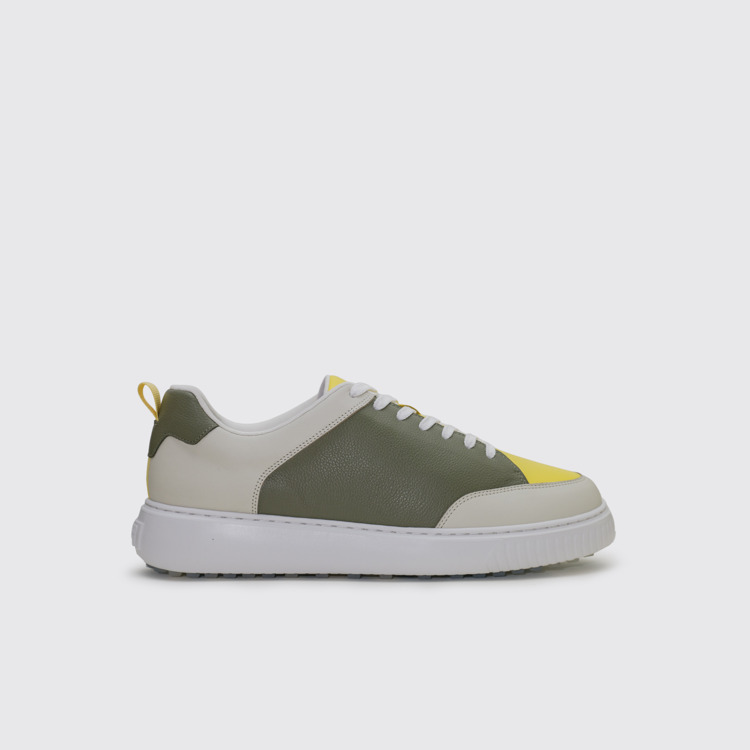 Side view of Birdie Yellow and khaki leather golf sneakers