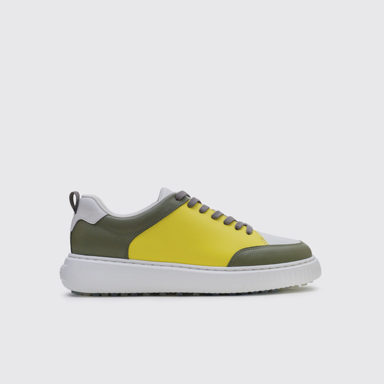 Side view of Birdie Yellow and khaki leather golf sneakers