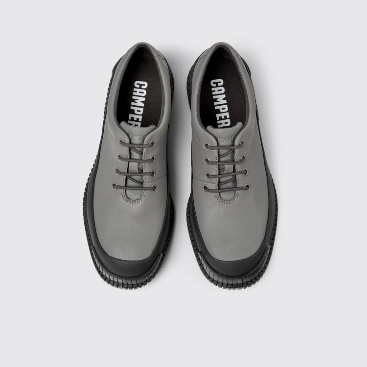 Overhead view of Pix Gray and black leather lace-up shoes for men