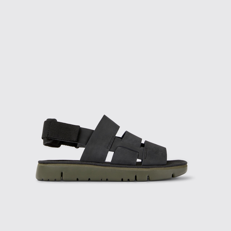 Side view of Oruga Black leather and textile sandals for men