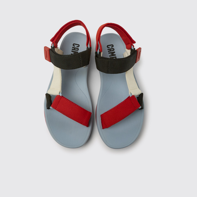 Overhead view of Match Red, white, and black recycled PET sandals for men