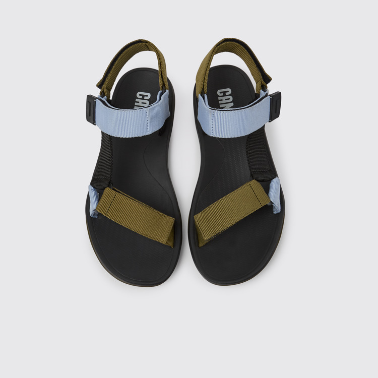 Overhead view of Match Green, blue and black recycled PET sandals for men