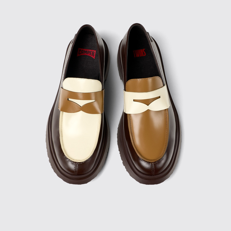 Overhead view of Twins Brown and white leather loafers for men