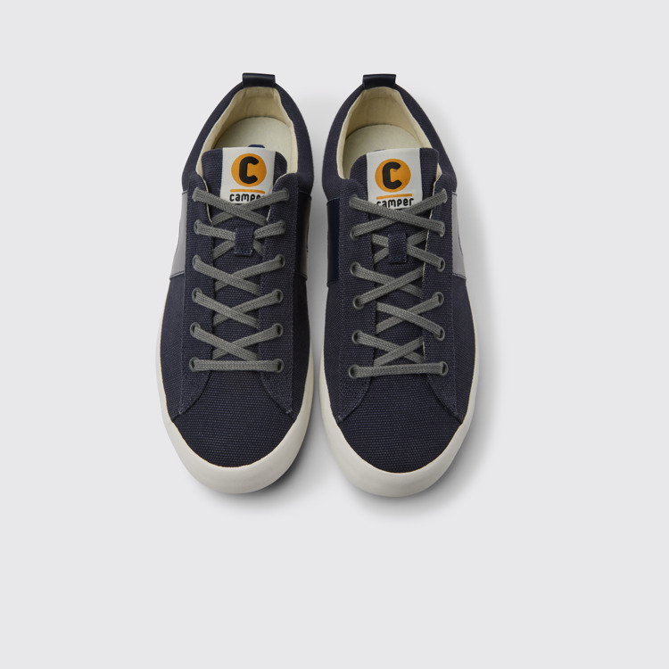 Overhead view of Imar Blue leather and recycled cotton sneakers for men