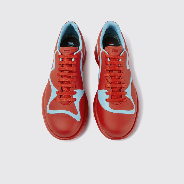 Overhead view of Twins Red and turquoise leather lace-up sneakers